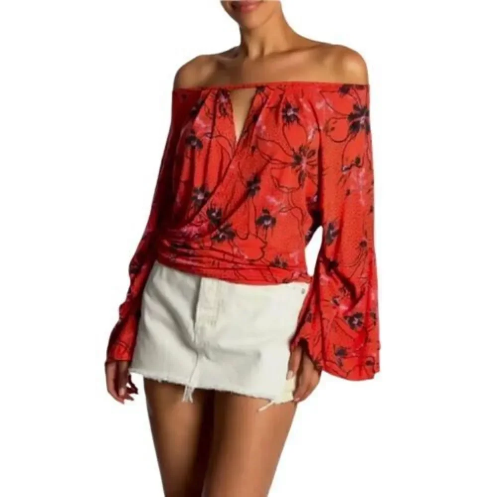 Free People Last Time Floral Blouse Draped Bell Sleeve Wrap Top